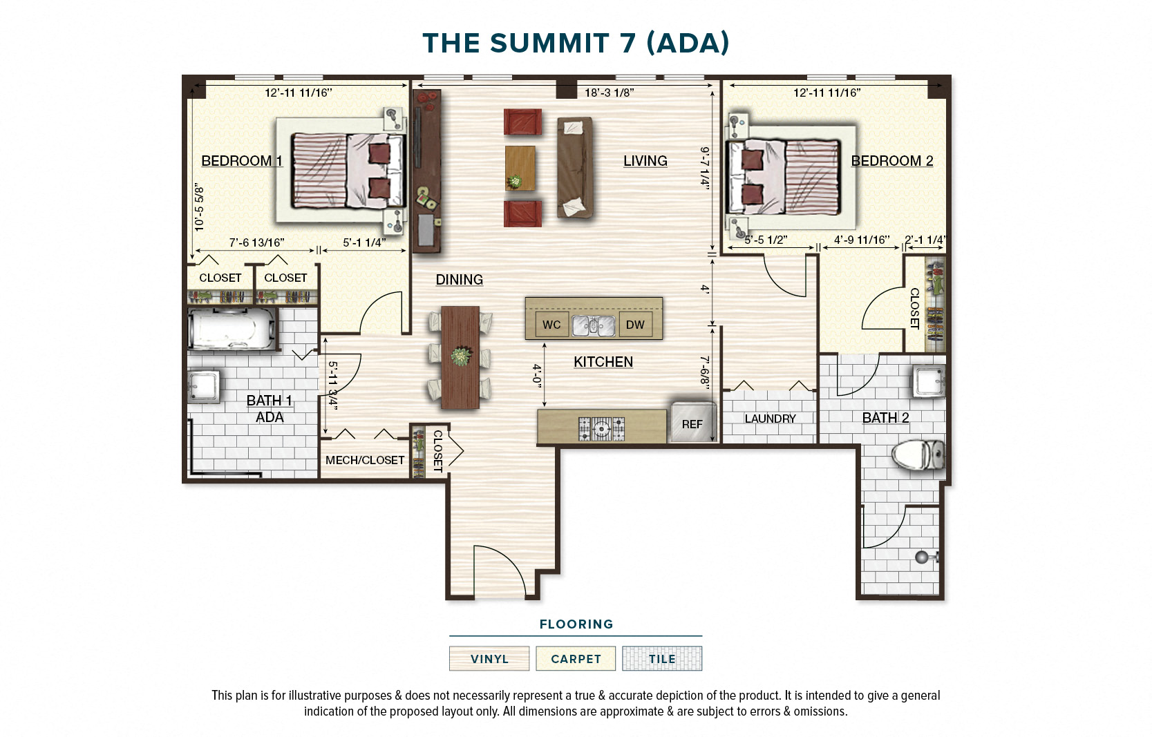 Floor plan for 2 beds, 2 baths, 1073 sqft